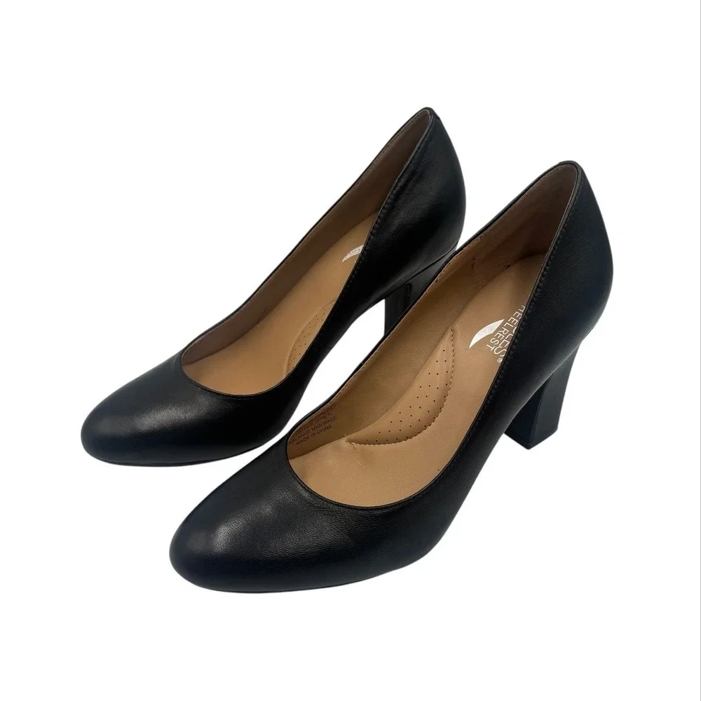 Aerosoles Octagon Black Leather Block Heel Pumps Womens 8.5M Work Career Classic